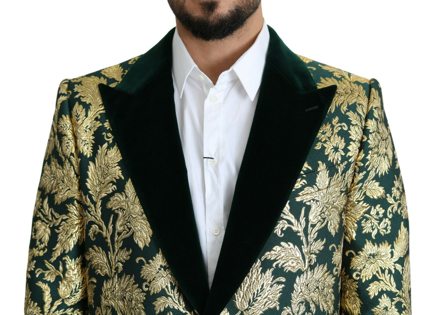 DOLCE &amp; GABBANA Giacca SICILIA Cappotto Lungo Jacquard Verde Oro