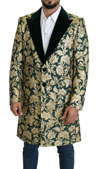 DOLCE &amp; GABBANA Giacca SICILIA Cappotto Lungo Jacquard Verde Oro