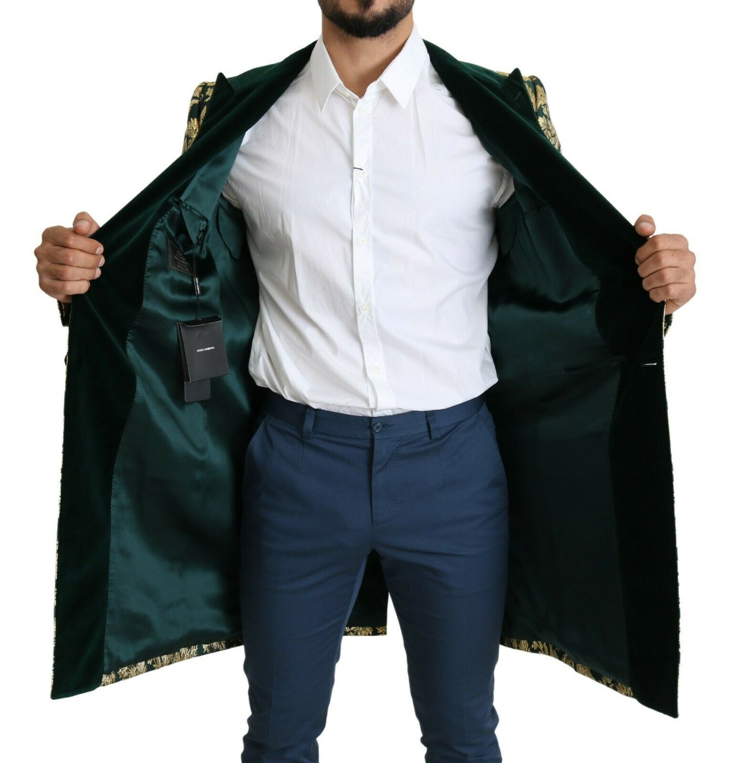 DOLCE &amp; GABBANA Giacca SICILIA Cappotto Lungo Jacquard Verde Oro