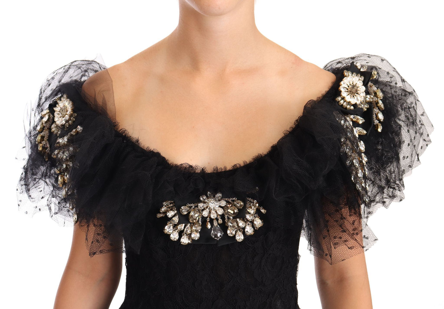 Robe de bal noire en dentelle florale et cristal