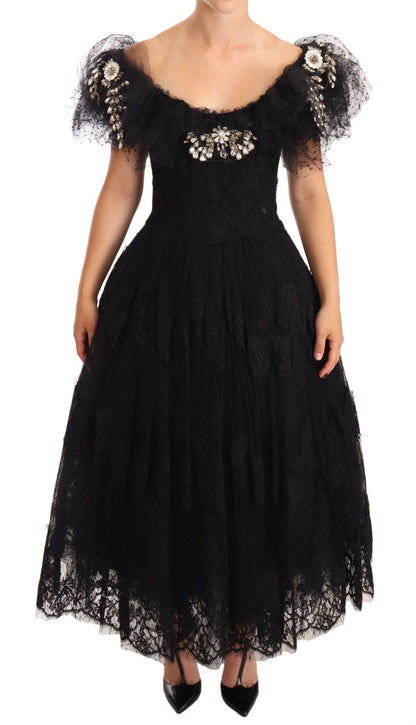 Robe de bal noire en dentelle florale et cristal