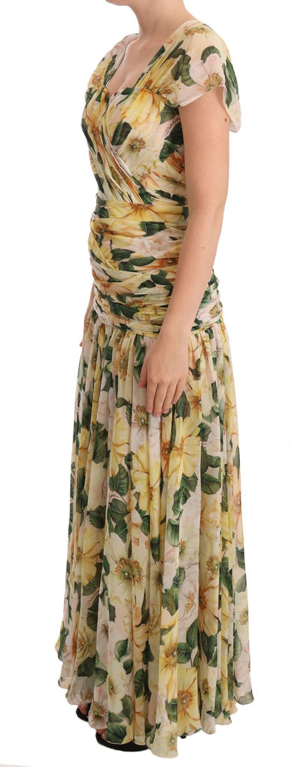 Robe Max plissée en soie jaune à imprimé floral