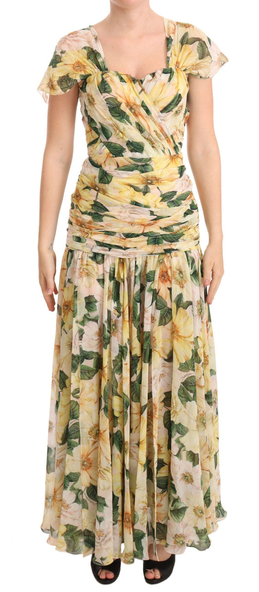 Robe Max plissée en soie jaune à imprimé floral