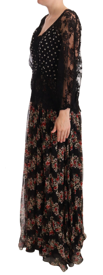 Robe capri longue noire à pois et dentelle florale