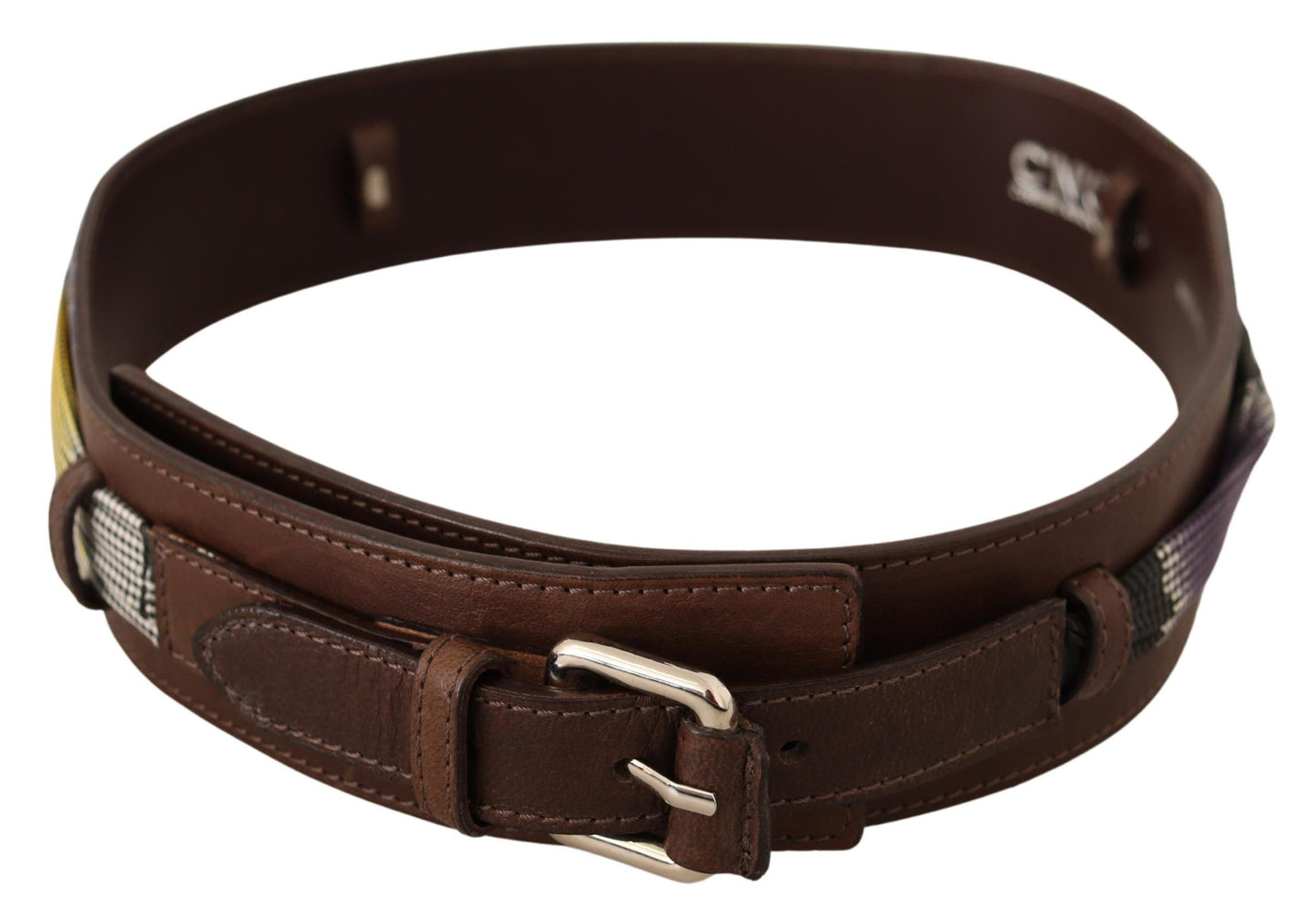 Ceinture à boucle argentée en cuir marron