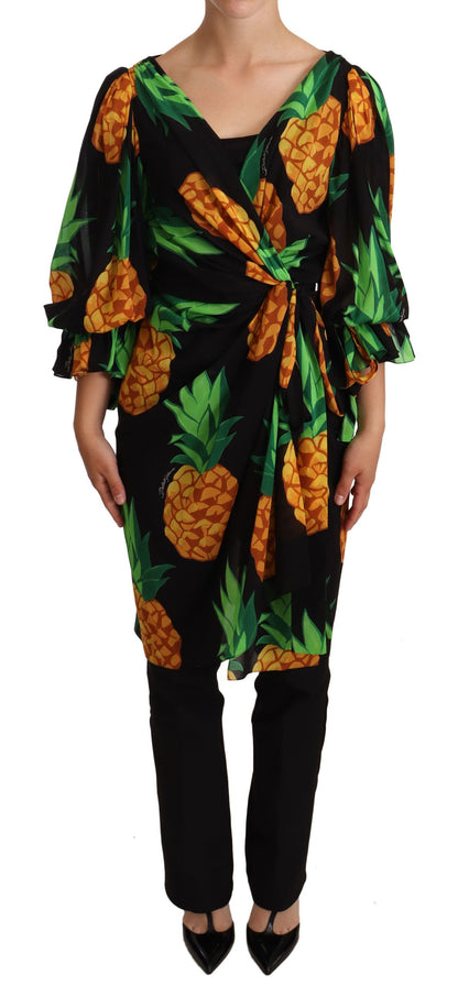 Robe portefeuille noire en soie extensible à imprimé ananas