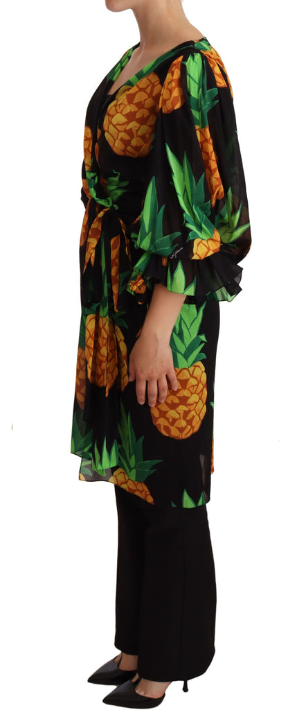 Robe portefeuille noire en soie extensible à imprimé ananas