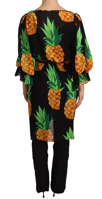 Schwarzes Wickelkleid aus Stretch-Seide mit Ananas-Print