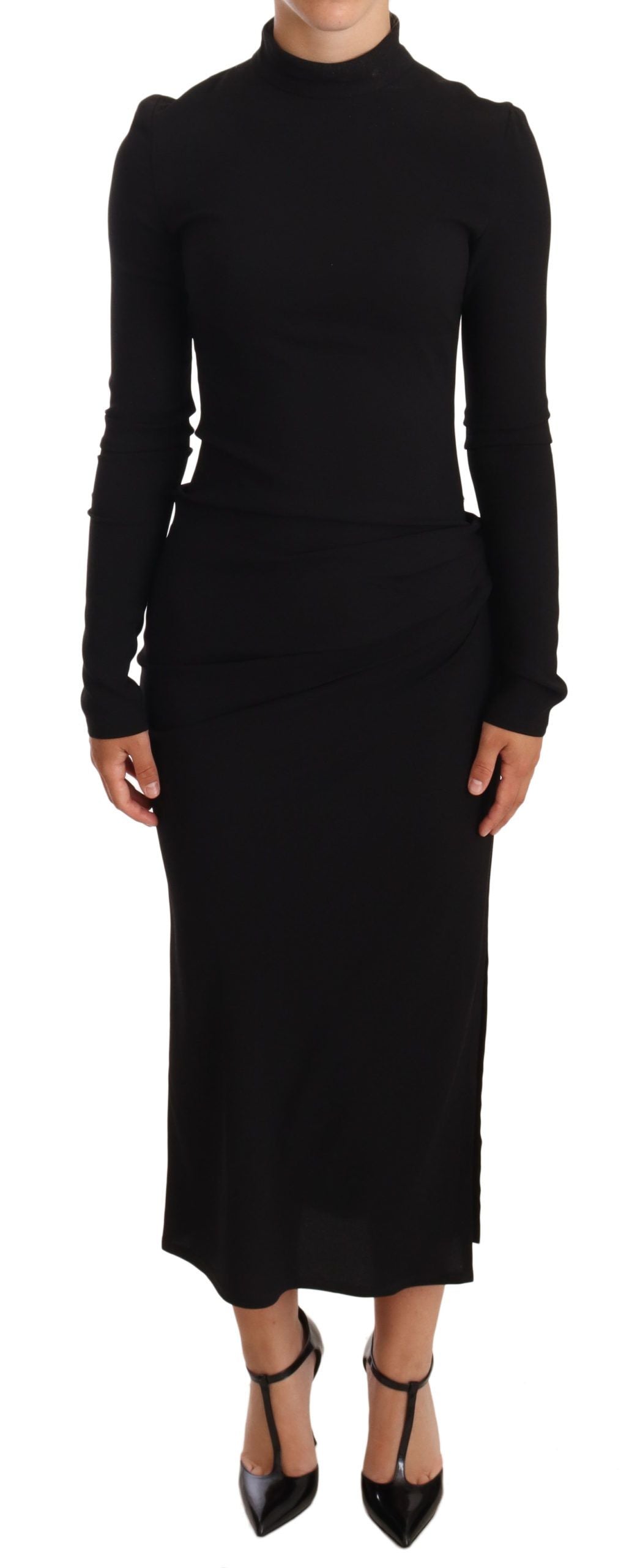 Robe midi fourreau noire extensible à col roulé