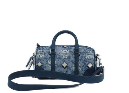 Borsa a tracolla Boston Mini in tessuto jacquard vintage blu con logo