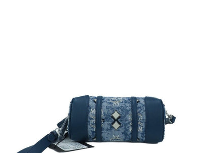 Borsa a tracolla Boston Mini in tessuto jacquard vintage blu con logo