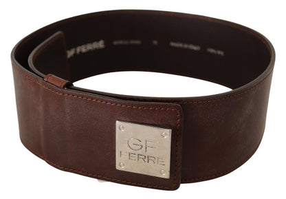 Ceinture taille large en cuir véritable marron à boucle avec logo