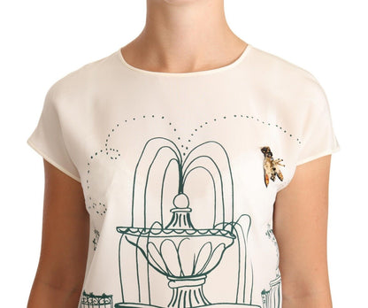 Weiße Seiden-T-Shirt-Bluse mit Gartenbrunnen