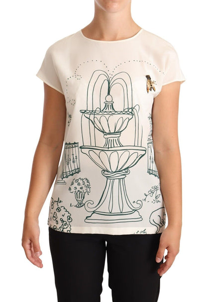 Weiße Seiden-T-Shirt-Bluse mit Gartenbrunnen