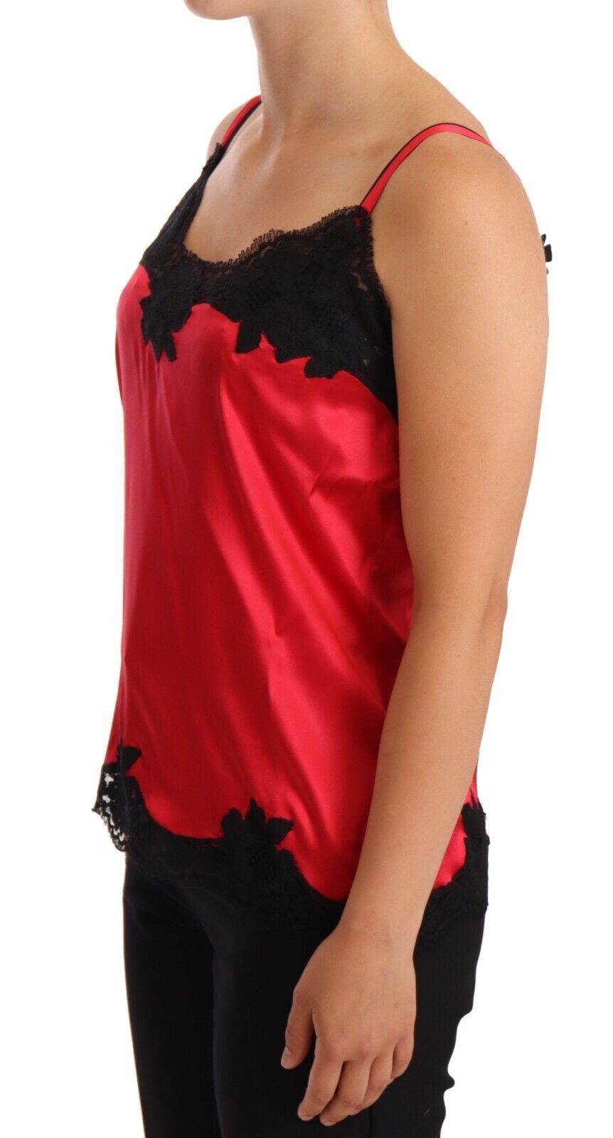 Rotes Camisole-Dessous-Oberteil aus Seidensatin mit floraler Spitze