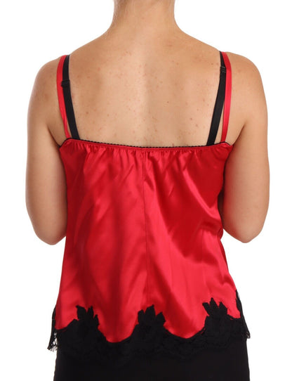 Rotes Camisole-Dessous-Oberteil aus Seidensatin mit floraler Spitze