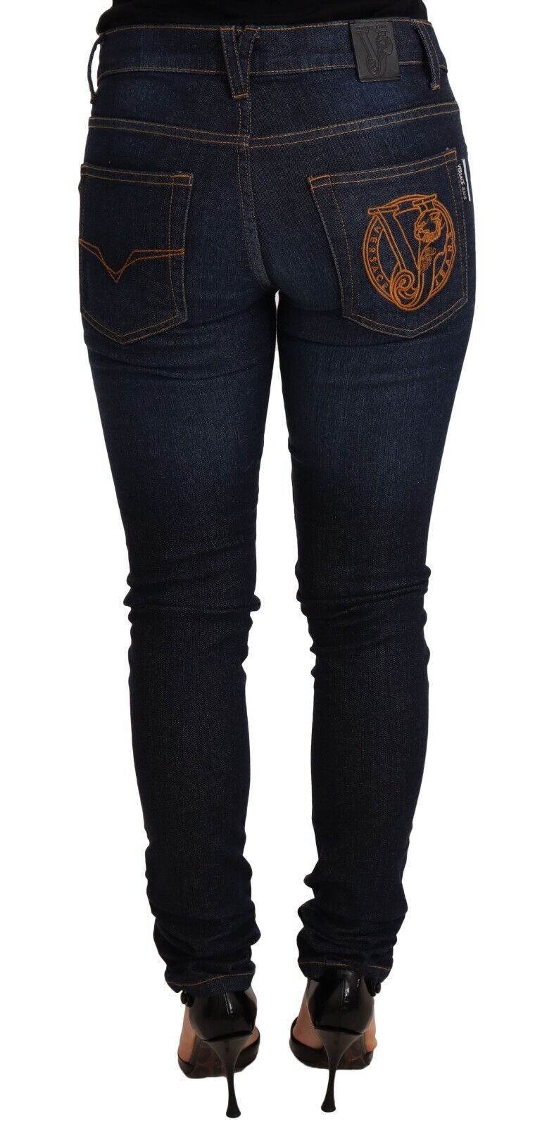 Jeans skinny in denim a vita bassa in cotone blu scuro