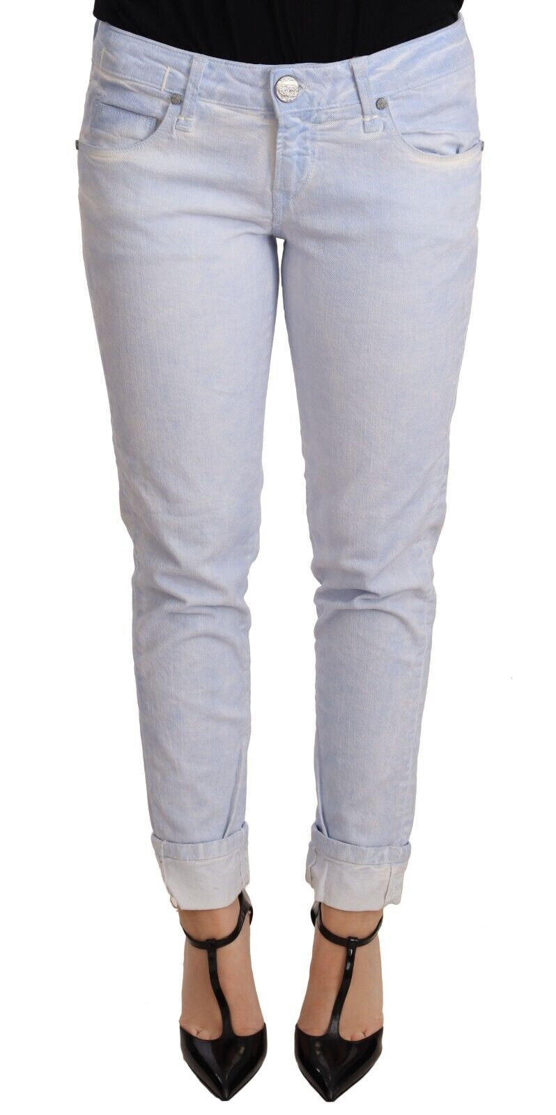 Jean skinny en denim à ourlet plié en coton bleu clair pour femme