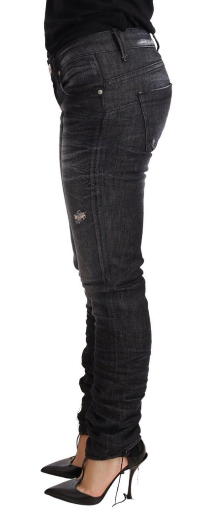 Jean skinny taille basse en coton délavé noir