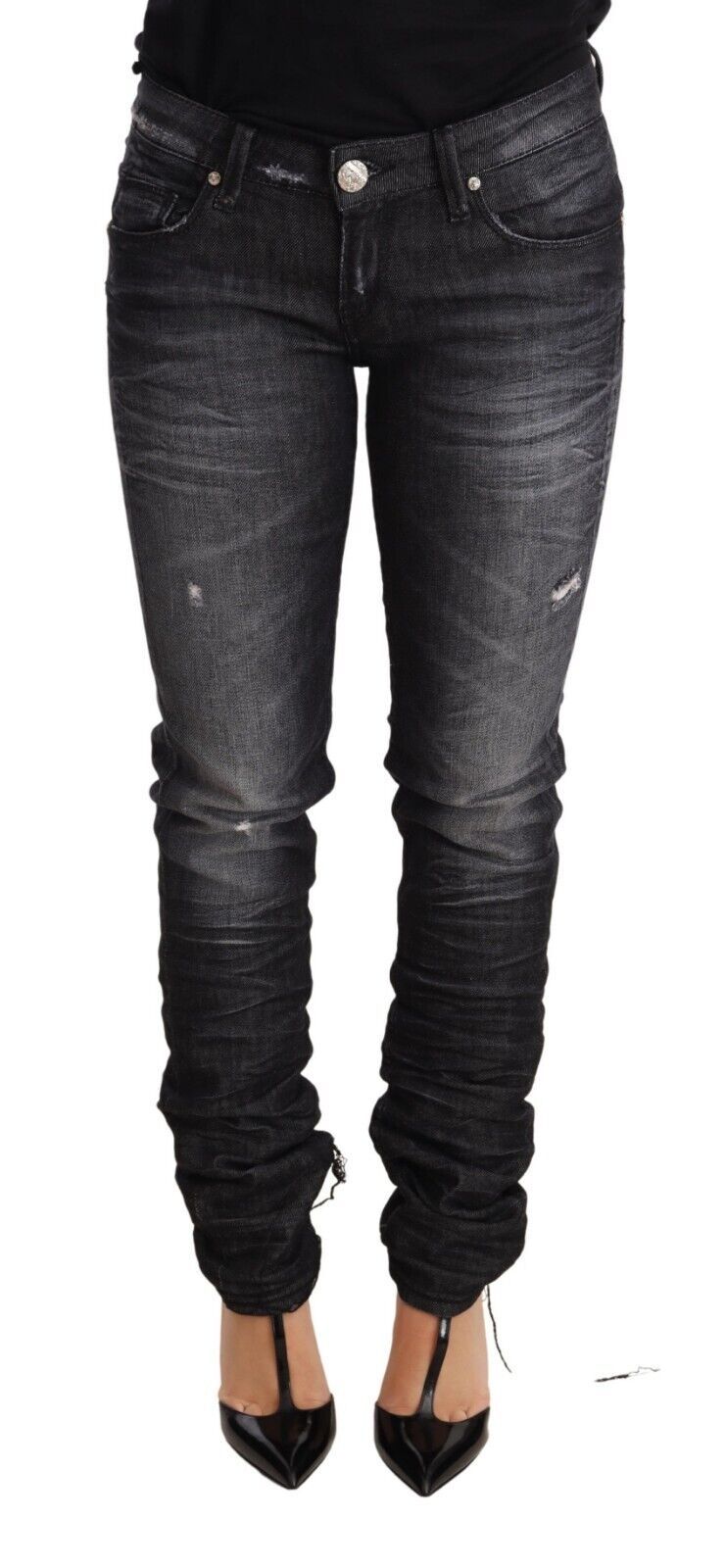 Jean skinny taille basse en coton délavé noir