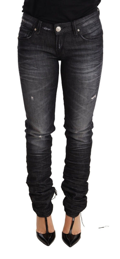 Jean skinny taille basse en coton délavé noir