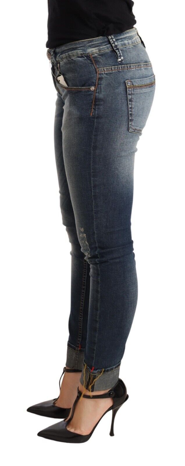 Jean skinny taille basse en coton lavé bleu pour femme