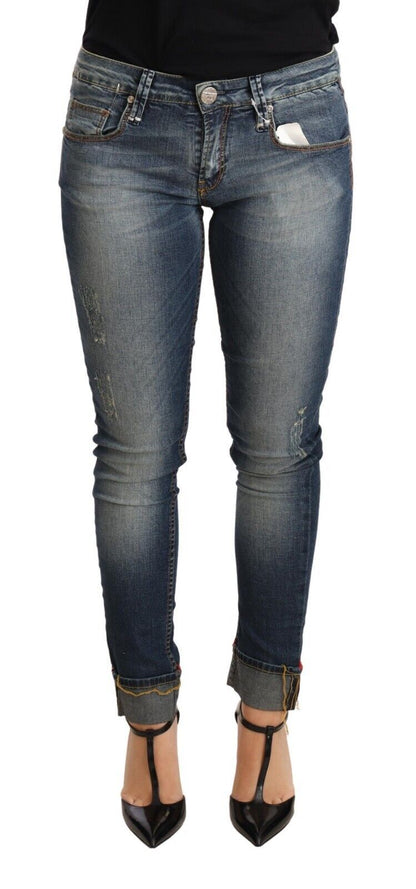 Jean skinny taille basse en coton lavé bleu pour femme