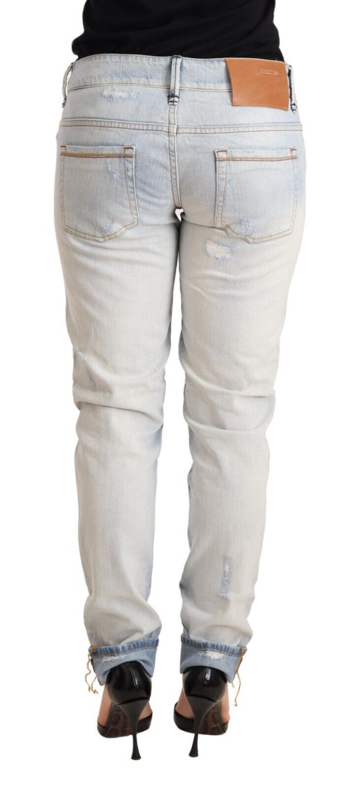 Jeans per pantaloni in denim con orlo piegato in cotone invecchiato azzurro