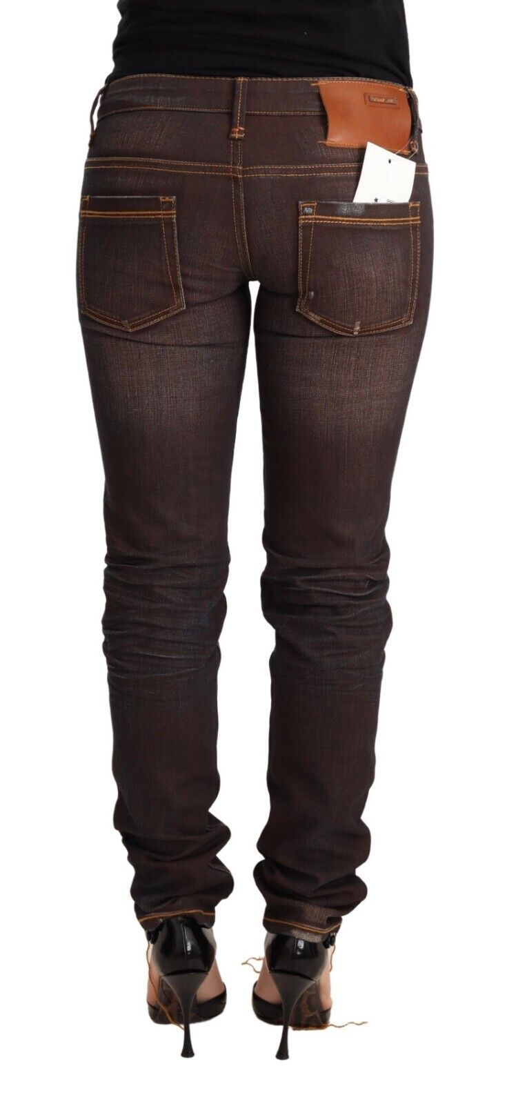 Jean slim taille basse en denim de coton délavé marron