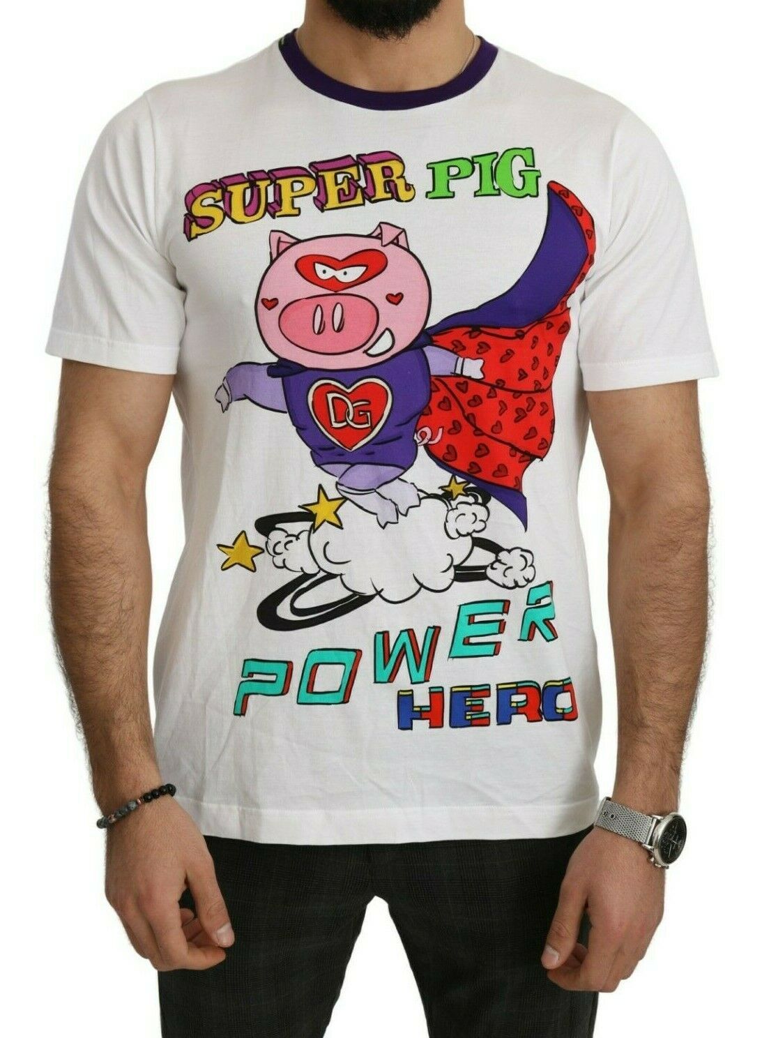 T-shirt Super Power Pig in cotone bianco