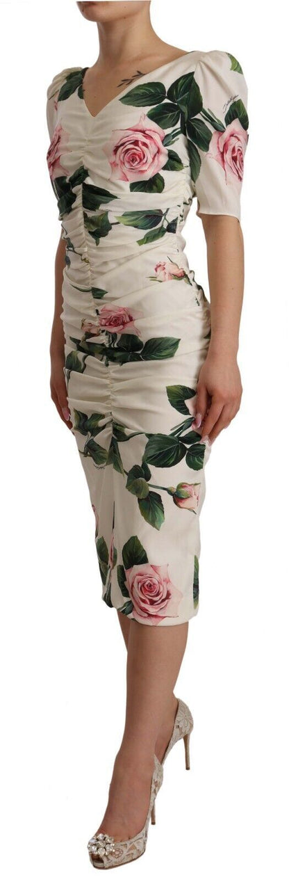 Weißes, plissiertes Kleid aus Stretch-Seide mit Rosen-Print