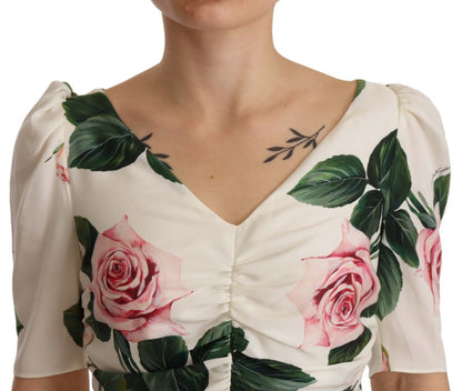 Weißes, plissiertes Kleid aus Stretch-Seide mit Rosen-Print