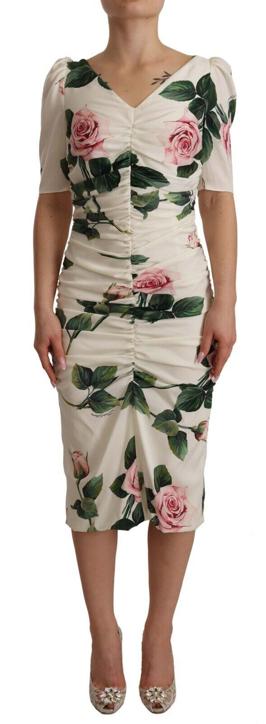 Weißes, plissiertes Kleid aus Stretch-Seide mit Rosen-Print