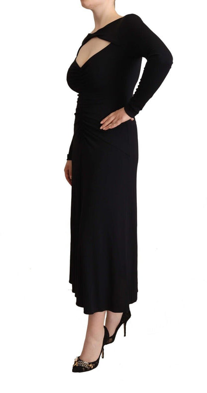 Robe longue noire en nylon stretch à manches longues et col en V profond