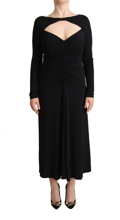 Abito maxi con scollo a V profondo a maniche lunghe in nylon nero elasticizzato