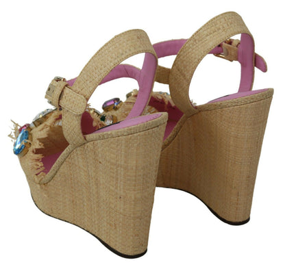 Scarpe sandali con tacco a zeppa con strass beige