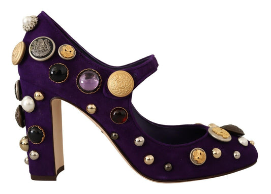 Scarpe Mary Jane con décolleté in pelle scamosciata viola decorata