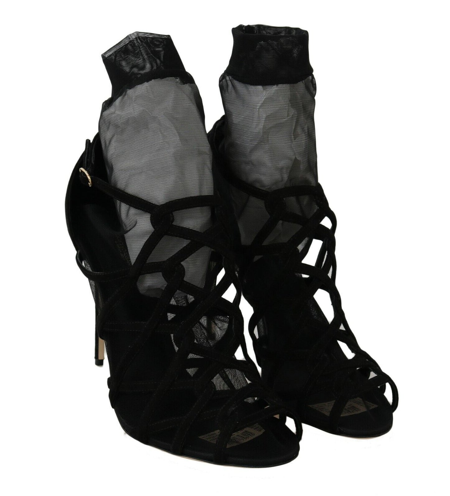 Schwarze Wildleder-Tüll-Stiefeletten mit Sandalen