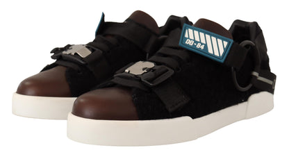 Sneakers in shearling nero in pelle marrone