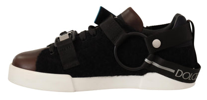 Sneakers in shearling nero in pelle marrone