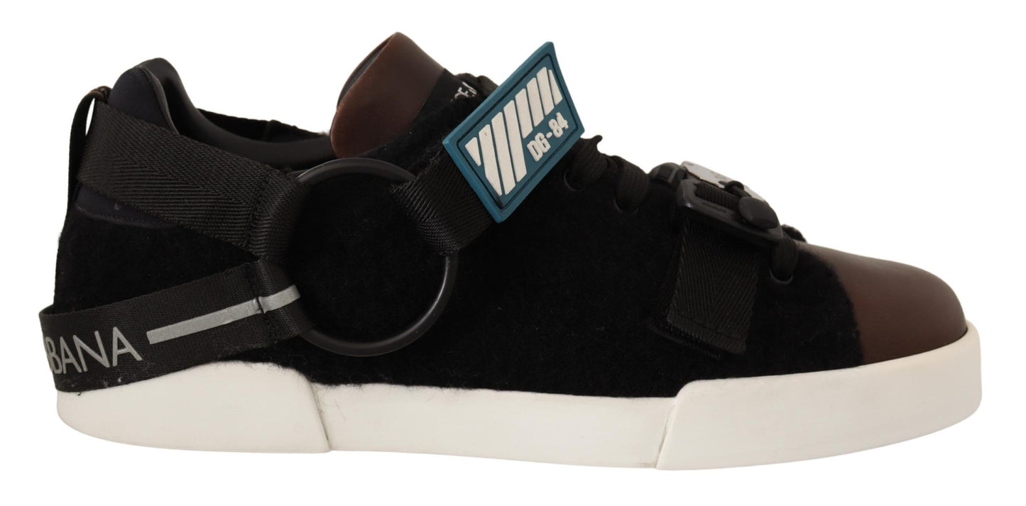 Sneakers in shearling nero in pelle marrone