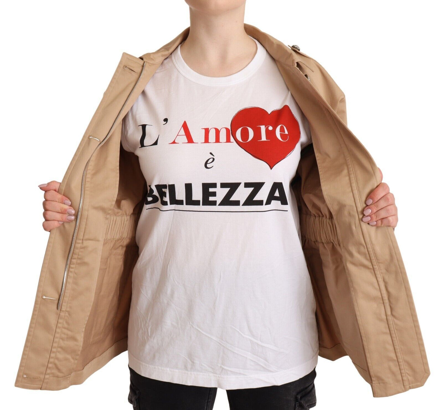 Giacca cappotto con colletto a maniche lunghe in cotone beige