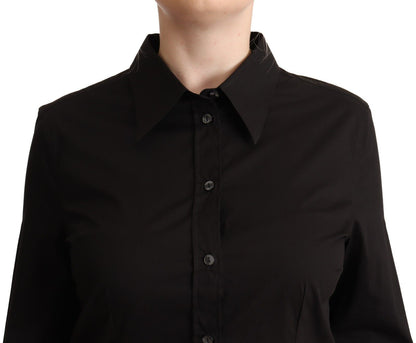 Top camicia a maniche lunghe con colletto in cotone nero