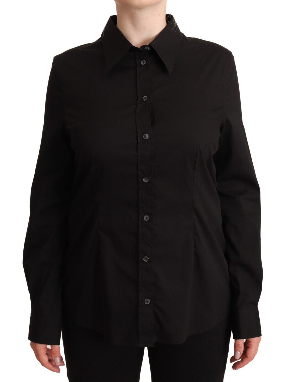 Top camicia a maniche lunghe con colletto in cotone nero