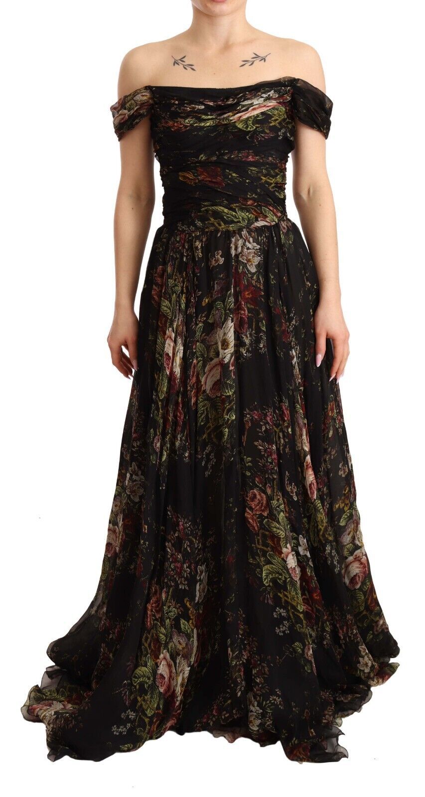 Mehrfarbiges, schulterfreies Kleid mit Blumenmuster