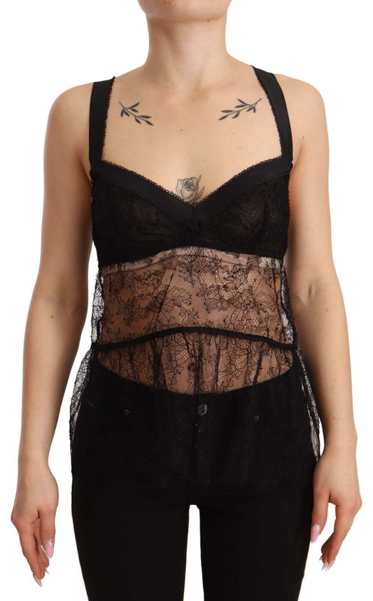 Top intimo in nylon con babydoll in pizzo di seta nera