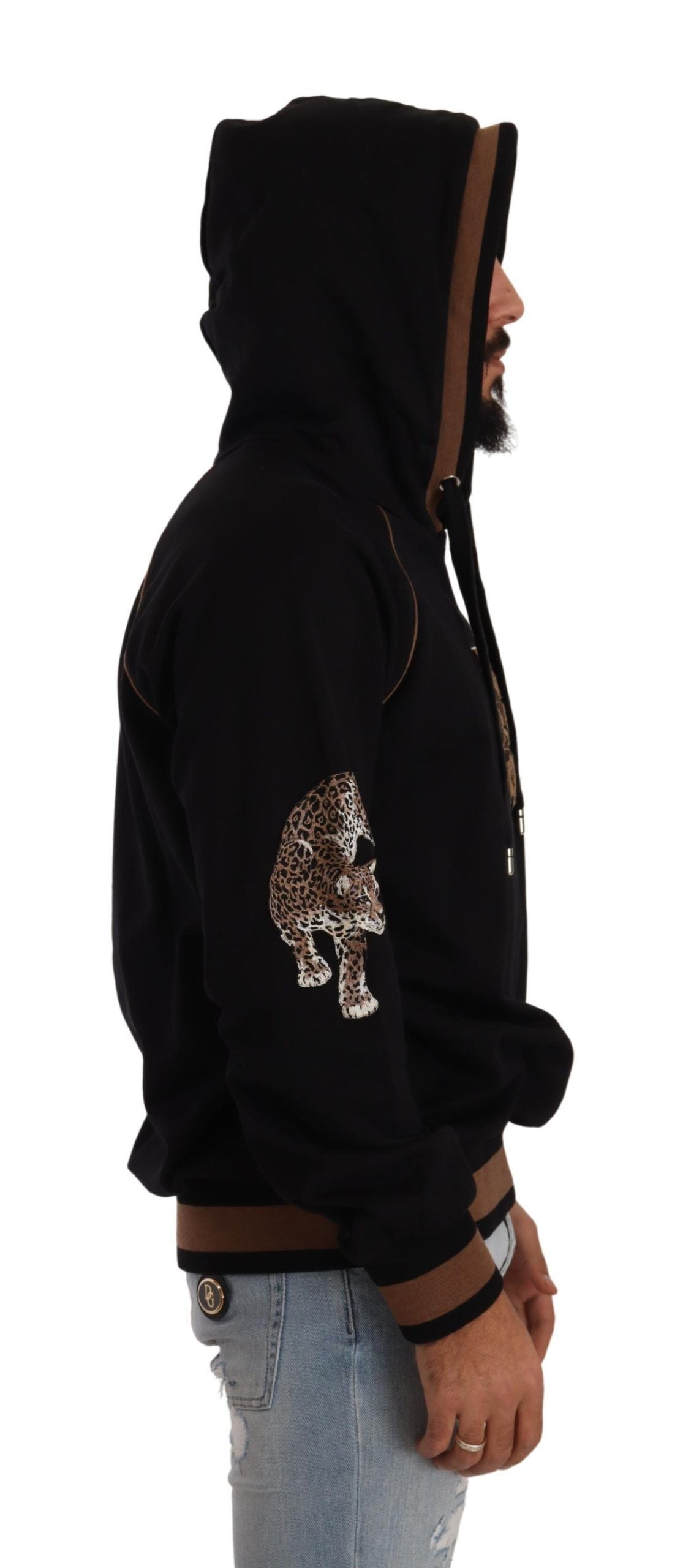 Maglione pullover con cappuccio in cotone leopardato marrone nero