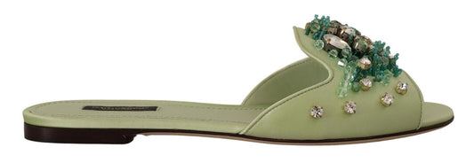 Scarpe basse da donna con sandali in pelle verde con cristalli