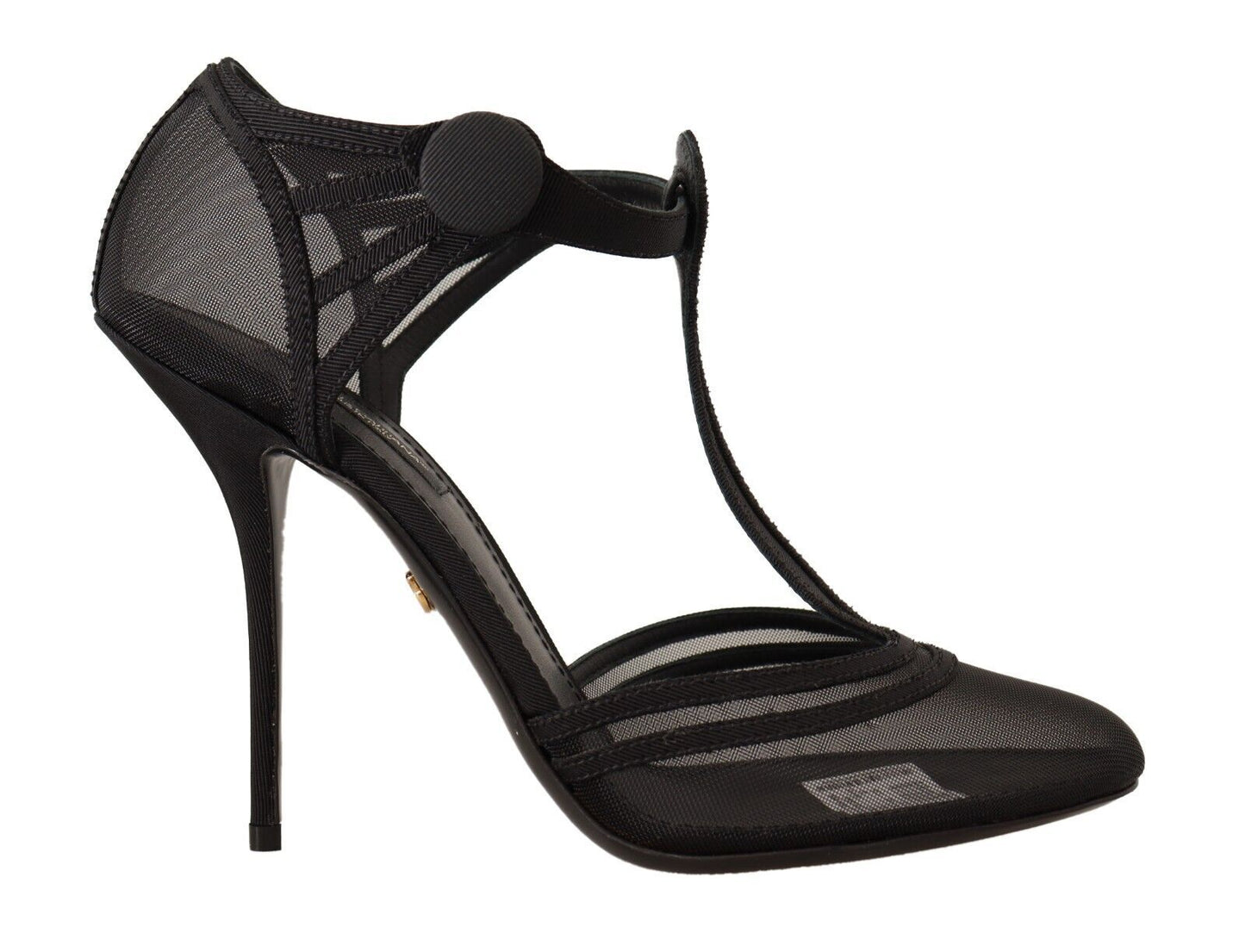 Schwarze Mesh-Pumps mit T-Riemen und Stiletto-Absätzen