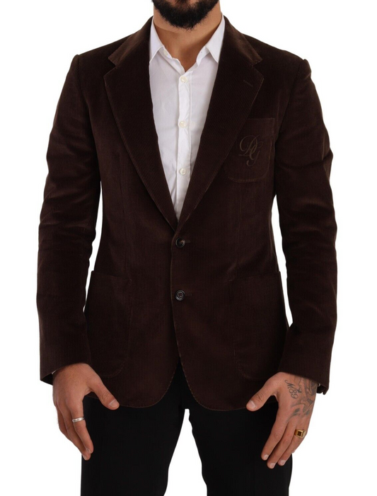 Cappotto slim fit in velluto a coste marrone Blazer con logo DG